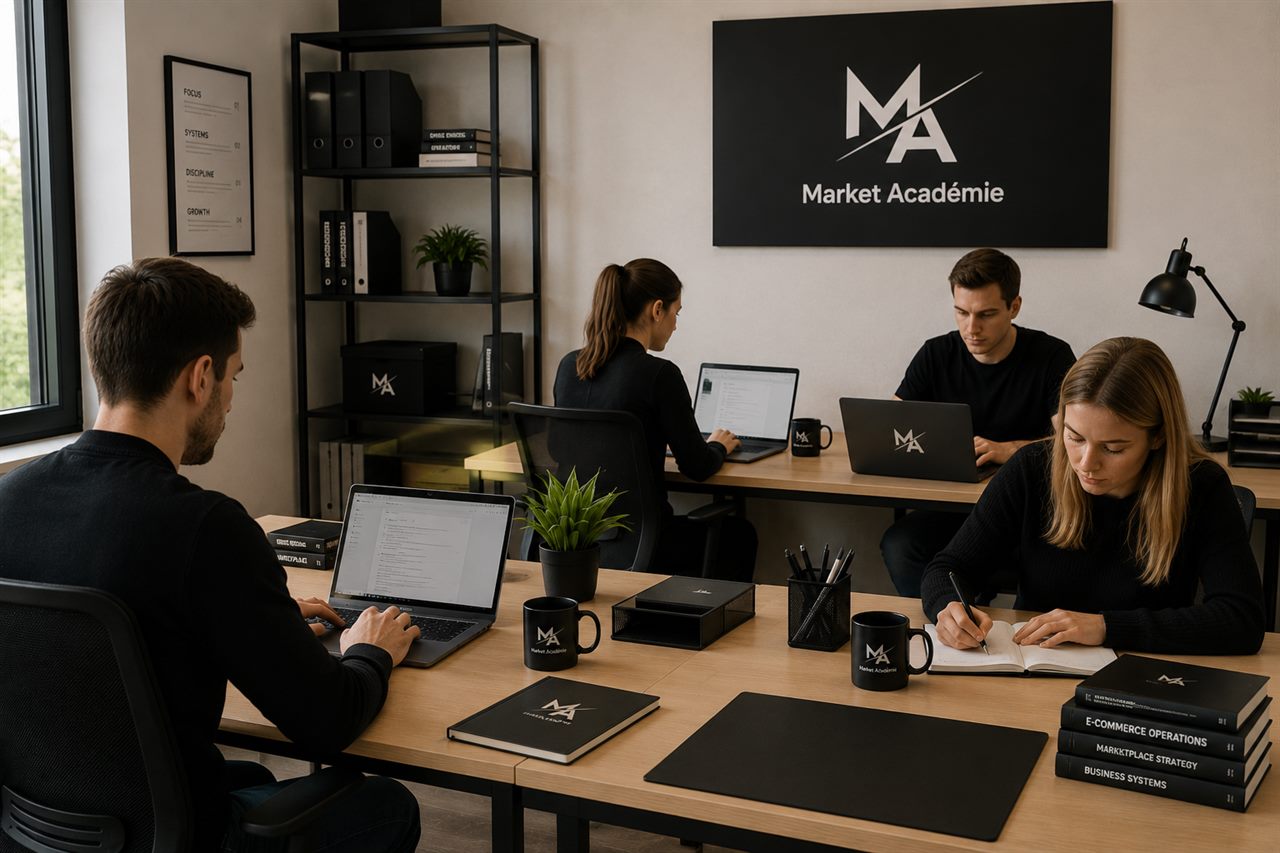 Market Académie team working together on laptops in a calm, branded coaching office